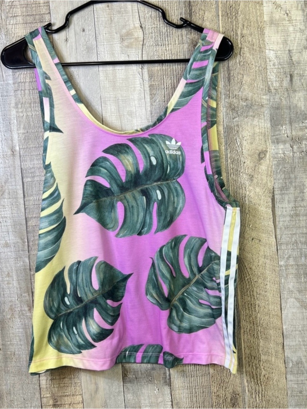 adidas Pink & Yellow Tropical Leaf Athletic Tank Top Size Sm